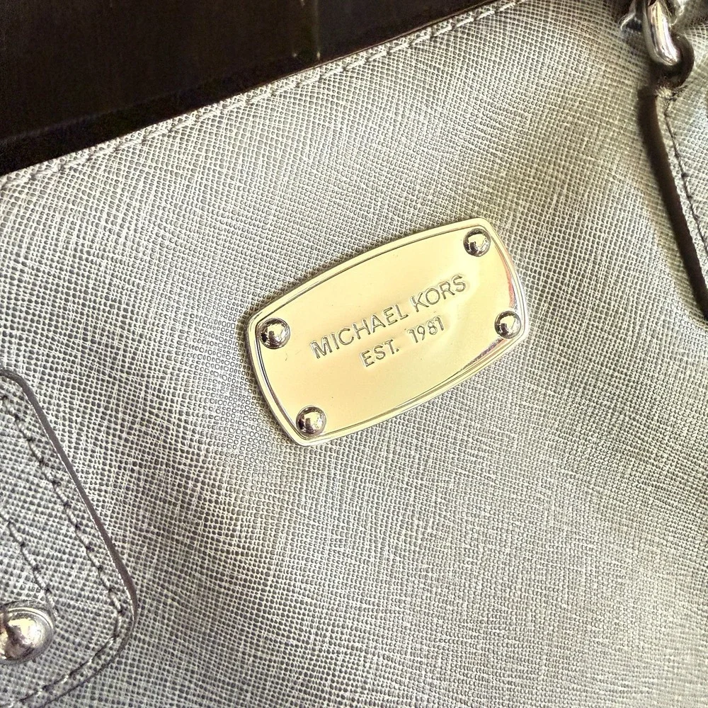 Michael Kors Gray Saffiano PVC Satchel Crossbody Bag MK Charm, MK Handbag